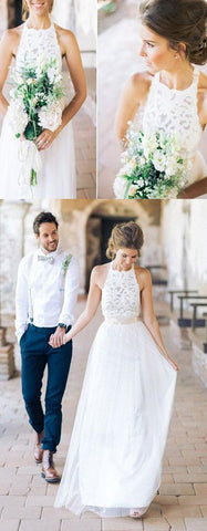 Simple White Halter Lace Long Sheath Beach Wedding Dresses Bridal Dresses MW241