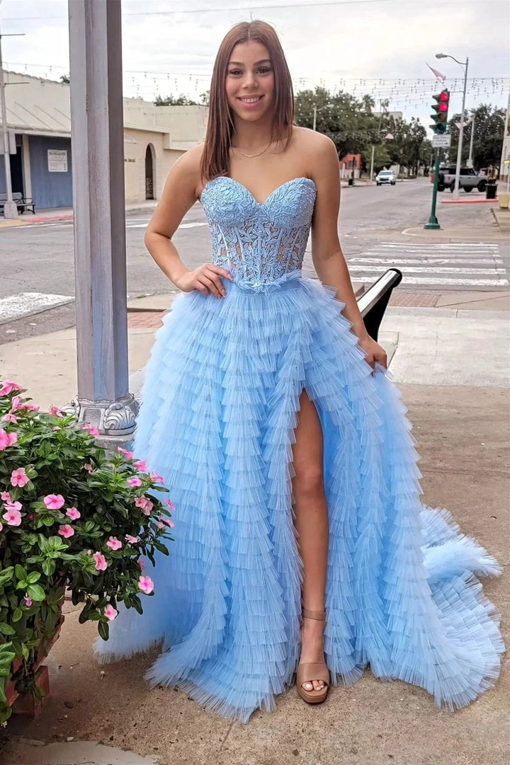 Sunnderly Addilyn |A-line Strapless Multi-Layers Tulle Prom Dress with Slit by KissProm