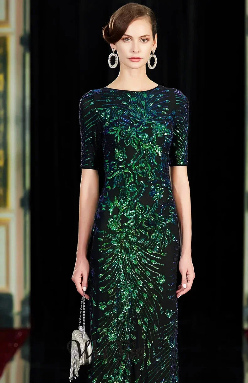 فساتين سهرة طويلة متلألئة على شكل حورية البحر برقبة دائرية مزينة بالترتر باللون الأخضر لحفلات السهرة فساتين سهرة طويلة