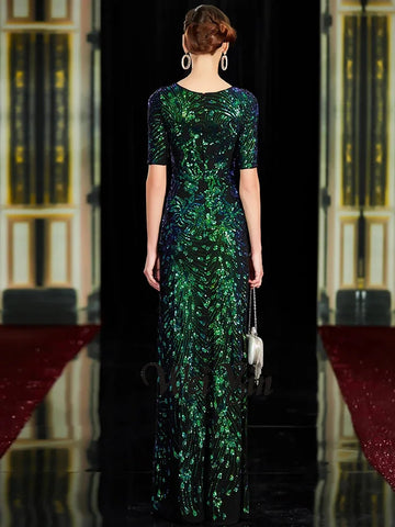 Vestidos de noche largos de sirena con lentejuelas y cuello redondo, sexys y brillantes, verdes, para fiesta 