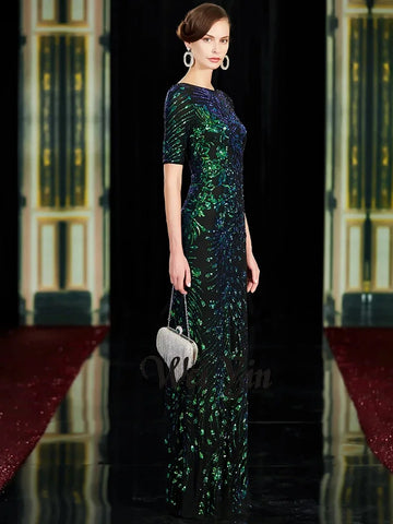 Vestidos de noche largos de sirena con lentejuelas y cuello redondo, sexys y brillantes, verdes, para fiesta 