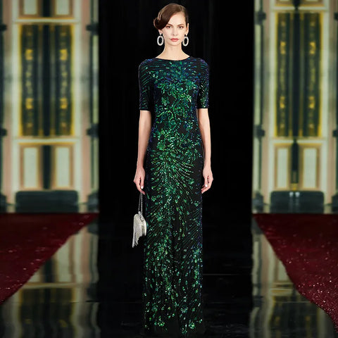 Vestidos de noche largos de sirena con lentejuelas y cuello redondo, sexys y brillantes, verdes, para fiesta 