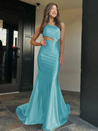 Welsie | Champagne One-Shoulder Mermaid Satin Long Prom Dress by KissProm