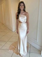 Welsie | Champagne One-Shoulder Mermaid Satin Long Prom Dress by KissProm