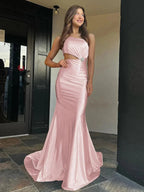 Welsie | Champagne One-Shoulder Mermaid Satin Long Prom Dress by KissProm