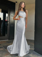 Welsie | Champagne One-Shoulder Mermaid Satin Long Prom Dress by KissProm