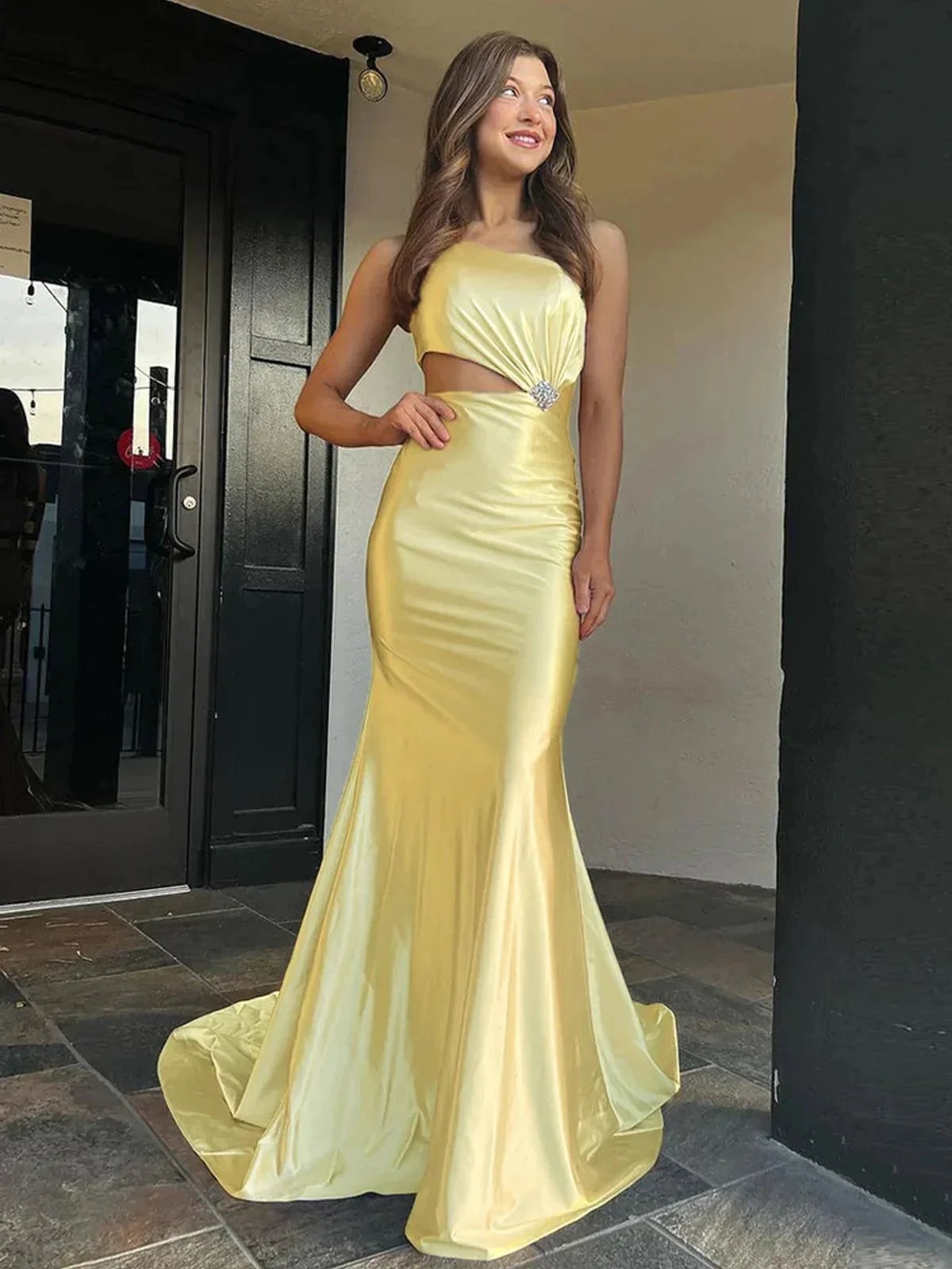 Welsie | Champagne One-Shoulder Mermaid Satin Long Prom Dress by KissProm