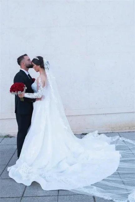White A-line Lace Mermaid Wedding Gown with Detachable Sweep Train by misshow.com