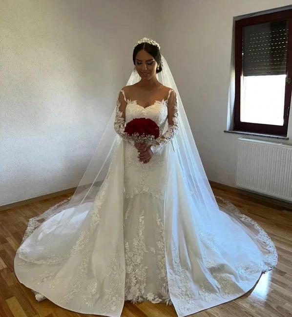 White A-line Lace Mermaid Wedding Gown with Detachable Sweep Train by misshow.com