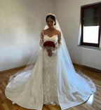 White A-line Lace Mermaid Wedding Gown with Detachable Sweep Train by misshow.com