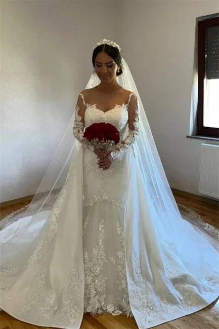 White A-line Lace Mermaid Wedding Gown with Detachable Sweep Train by misshow.com