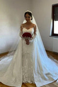 White A-line Lace Mermaid Wedding Gown with Detachable Sweep Train by misshow.com