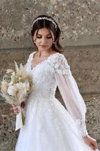 White A-line Long Sleeves Tulle Wedding Dress With Lace by misshow.com