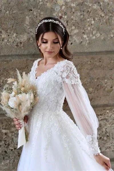 White A-line Long Sleeves Tulle Wedding Dress With Lace by misshow.com