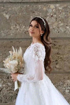 White A-line Long Sleeves Tulle Wedding Dress With Lace by misshow.com