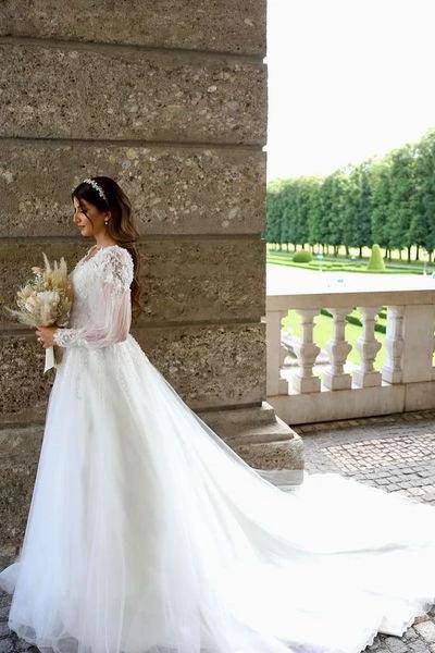 White A-line Long Sleeves Tulle Wedding Dress With Lace by misshow.com