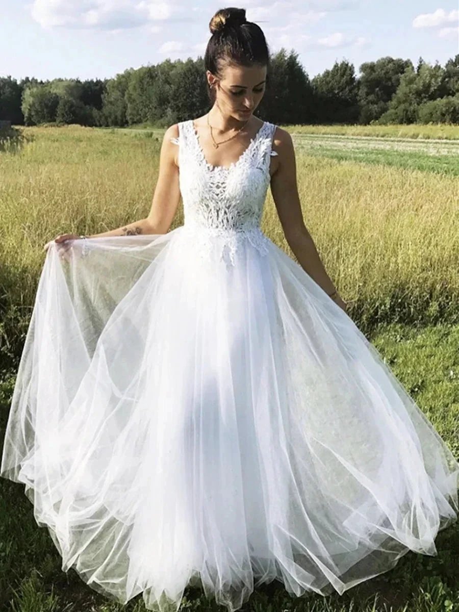 White A Line V Neck Tulle Long Lace Prom Formal Evening Dresses by BIZTUNNEL