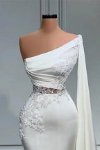White Asymmetric One Shoulder Mermaid Stretch Satin Prom Dress by misshow.com