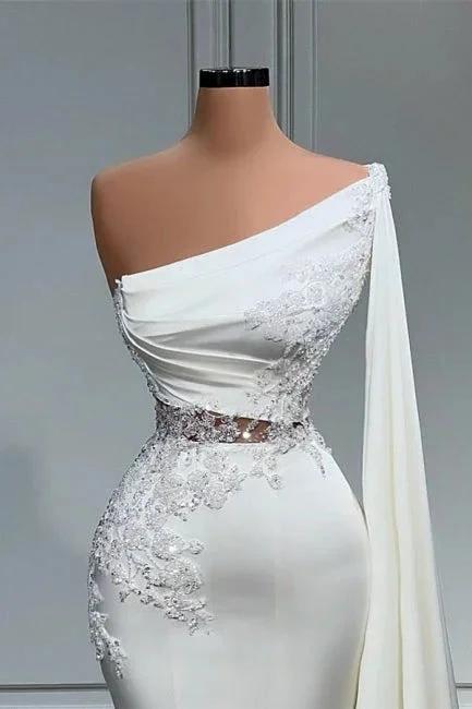White Asymmetric One Shoulder Mermaid Stretch Satin Prom Dress by misshow.com