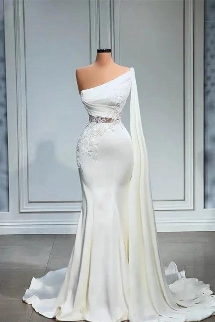 White Asymmetric One Shoulder Mermaid Stretch Satin Prom Dress by misshow.com
