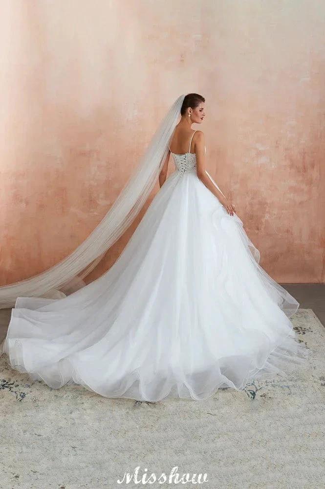 White Ball Gown Wedding Dress with Chapel Train, Spaghetti Strap See-through Lace up Bridal Gowns for Sale by misshow.com