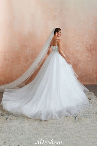 White Ball Gown Wedding Dress with Chapel Train, Spaghetti Strap See-through Lace up Bridal Gowns for Sale