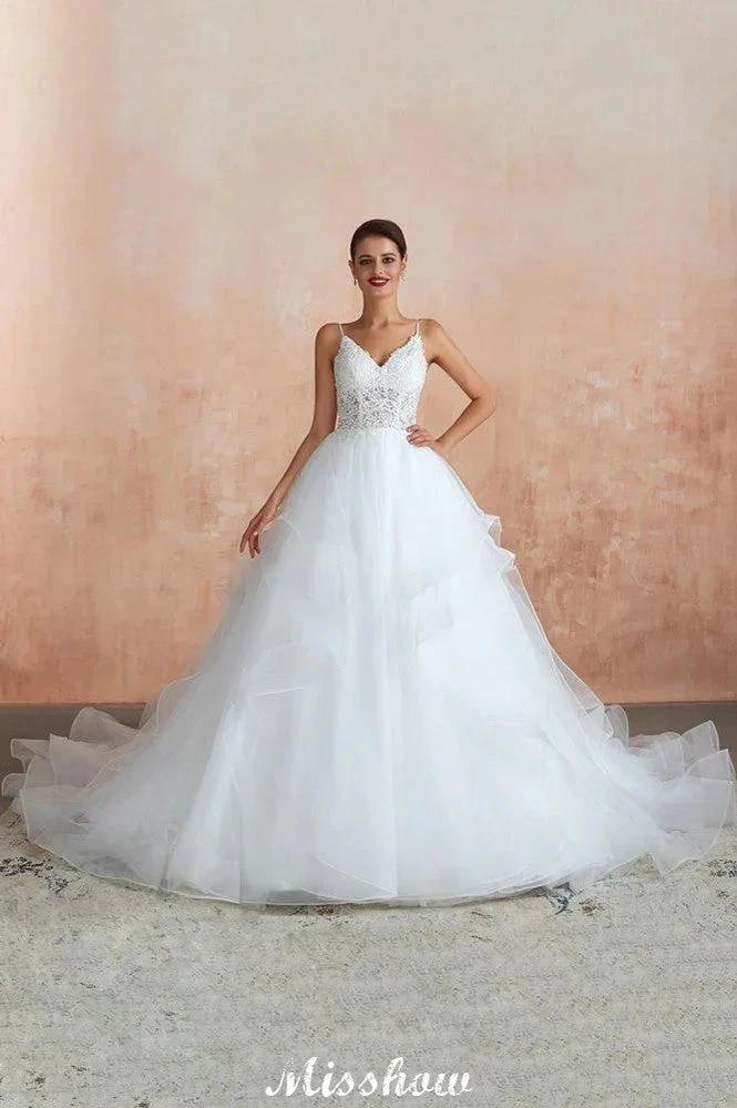 White Ball Gown Wedding Dress with Chapel Train, Spaghetti Strap See-through Lace up Bridal Gowns for Sale by misshow.com