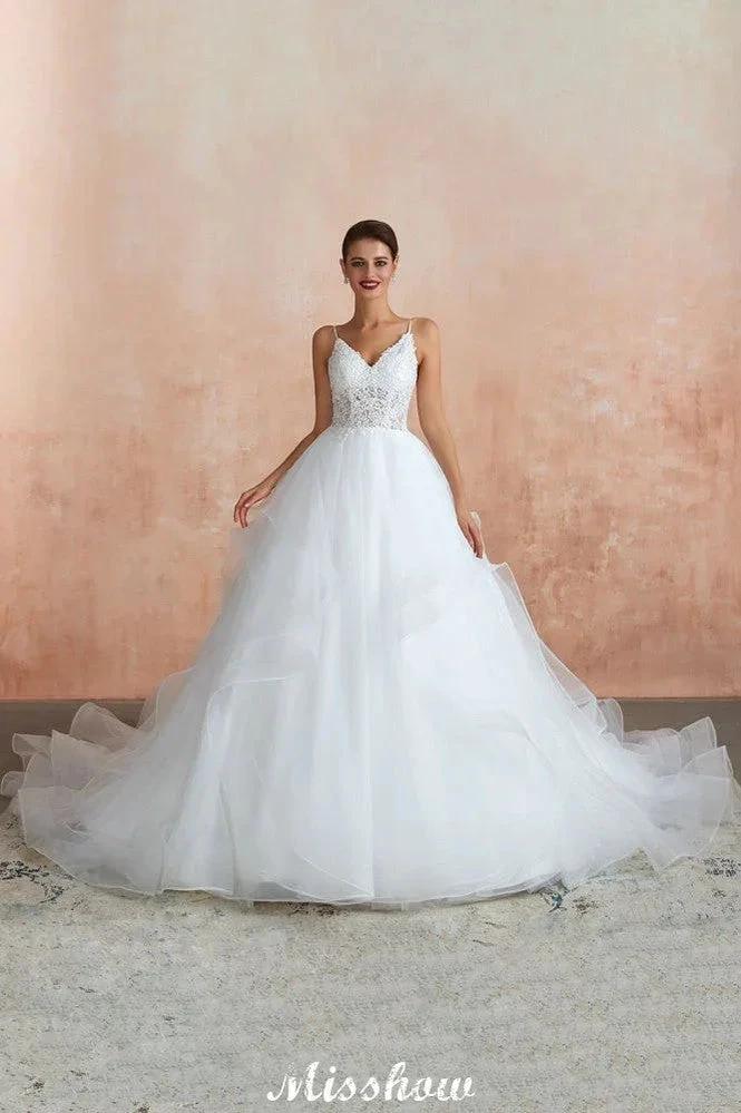 White Ball Gown Wedding Dress with Chapel Train, Spaghetti Strap See-through Lace up Bridal Gowns for Sale by misshow.com