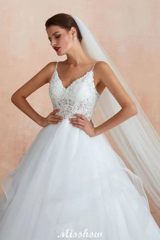 White Ball Gown Wedding Dress with Chapel Train, Spaghetti Strap See-through Lace up Bridal Gowns for Sale by misshow.com