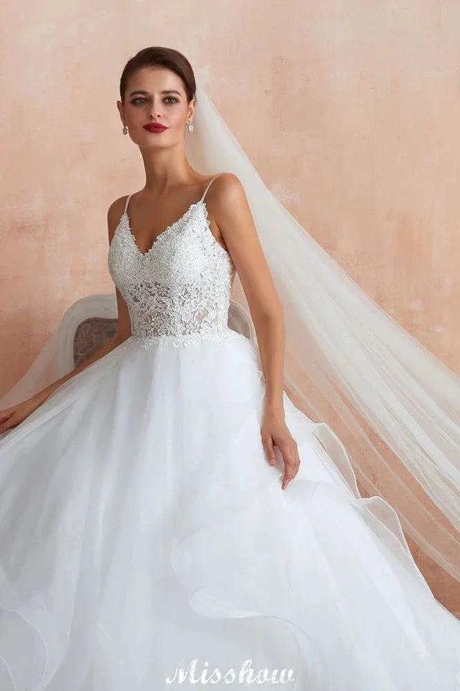White Ball Gown Wedding Dress with Chapel Train, Spaghetti Strap See-through Lace up Bridal Gowns for Sale by misshow.com