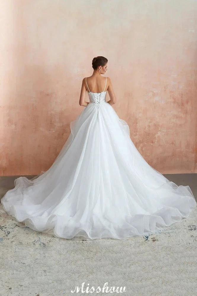 White Ball Gown Wedding Dress with Chapel Train, Spaghetti Strap See-through Lace up Bridal Gowns for Sale by misshow.com