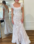 Theresa | Champagne Appliques Square Neck Puff Sleeves Long Prom Dress by KissProm