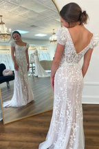 Theresa | Champagne Appliques Square Neck Puff Sleeves Long Prom Dress by KissProm