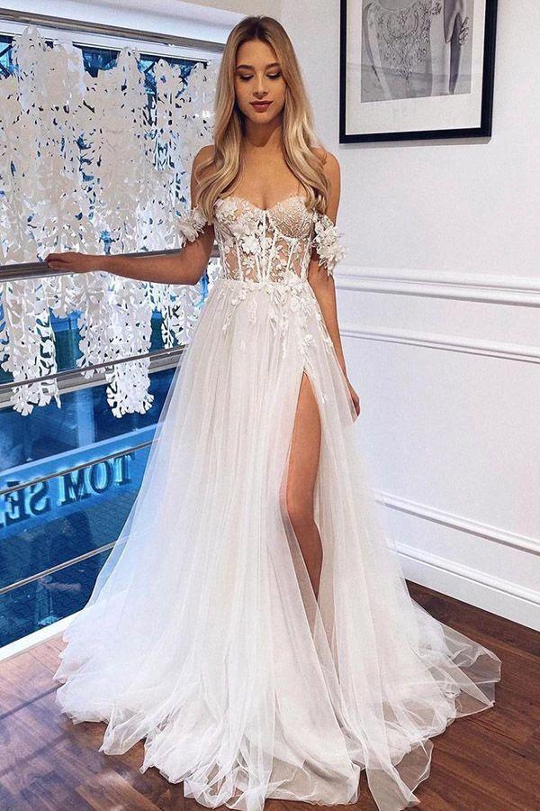 White Boho Long A Line Lace Off The Shoulder Wedding Dress with Slit by BIZTUNNEL