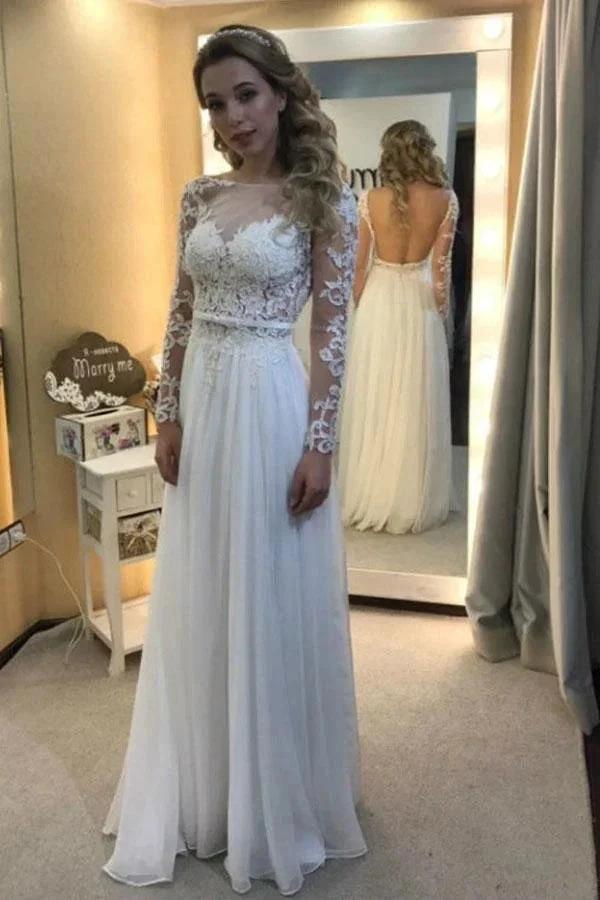 Ivory Chiffon Long Sleeve Backless Appliques Wedding Dress WD360 by pgmdress