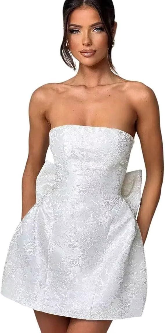 Strapless Short Ball Gown Homecoming Dress Sleeveless Lace up Jacquard Satin Party Dresses with Bow by Biztunnel