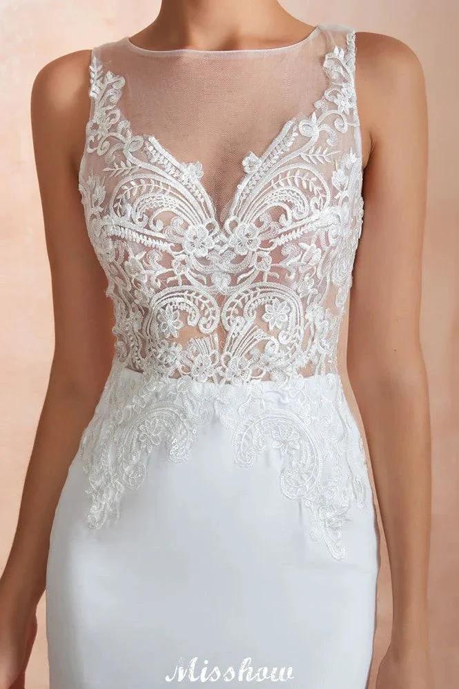 White Illusion Neck Column Wedding Dress Sleeveless Bridal Gowns by misshow.com