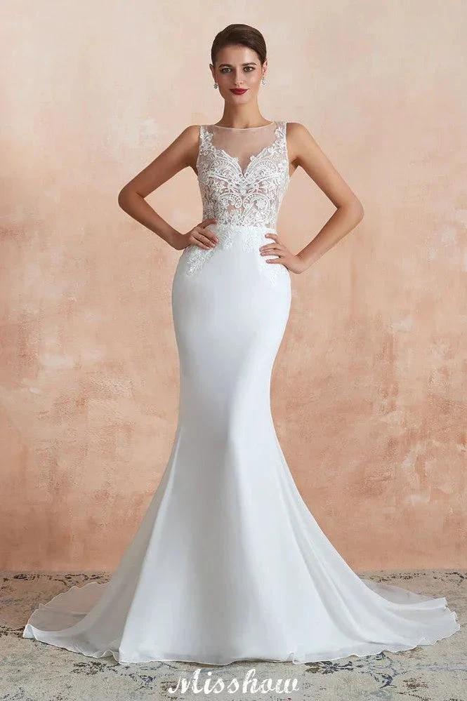 White Illusion Neck Column Wedding Dress Sleeveless Bridal Gowns by misshow.com