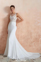 White Illusion Neck Column Wedding Dress Sleeveless Bridal Gowns by misshow.com