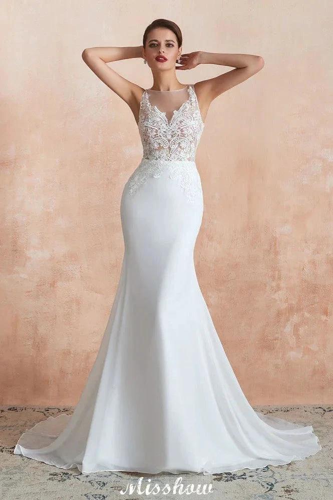 White Illusion Neck Column Wedding Dress Sleeveless Bridal Gowns by misshow.com