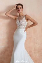 White Illusion Neck Column Wedding Dress Sleeveless Bridal Gowns by misshow.com