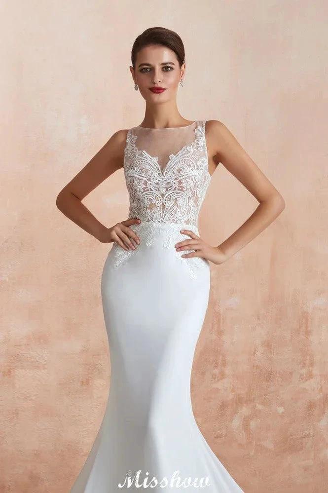 White Illusion Neck Column Wedding Dress Sleeveless Bridal Gowns by misshow.com