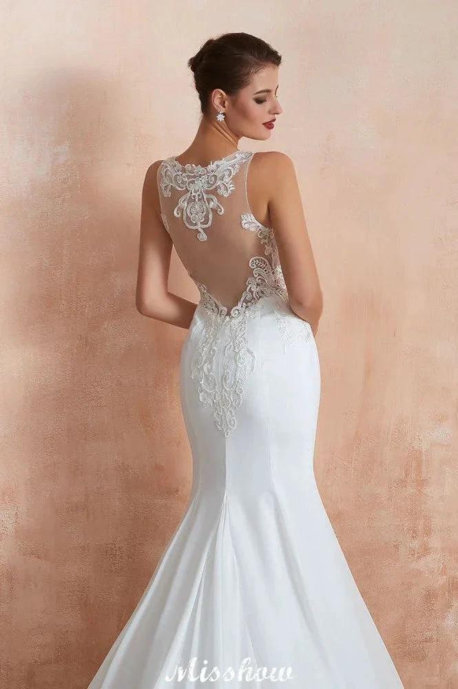 White Illusion Neck Column Wedding Dress Sleeveless Bridal Gowns by misshow.com