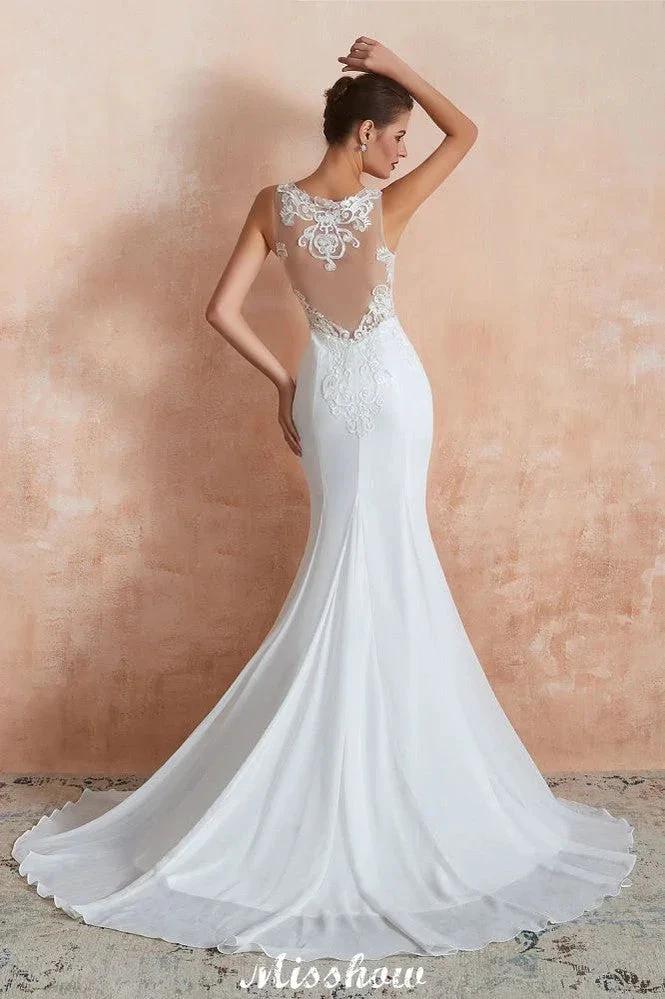 White Illusion Neck Column Wedding Dress Sleeveless Bridal Gowns by misshow.com