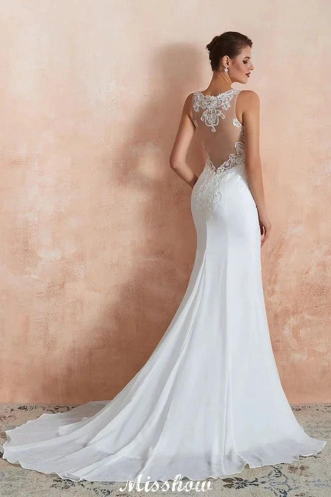 White Illusion Neck Column Wedding Dress Sleeveless Bridal Gowns by misshow.com