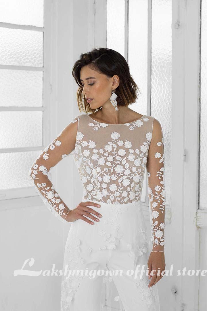 White Jumpsuit Beach Wedding Dresses Long Sleeve