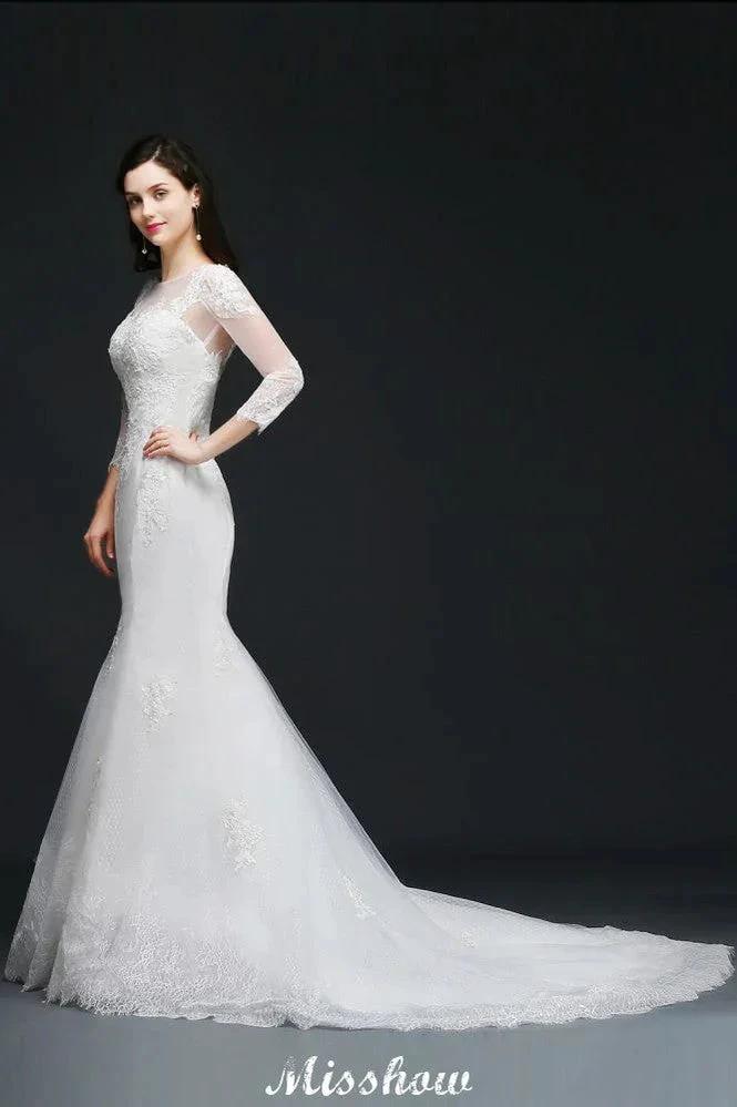 White Lace Mermaid Jewel Wedding Dress by misshow.com