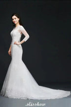 White Lace Mermaid Jewel Wedding Dress by misshow.com