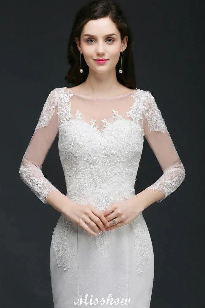 White Lace Mermaid Jewel Wedding Dress by misshow.com