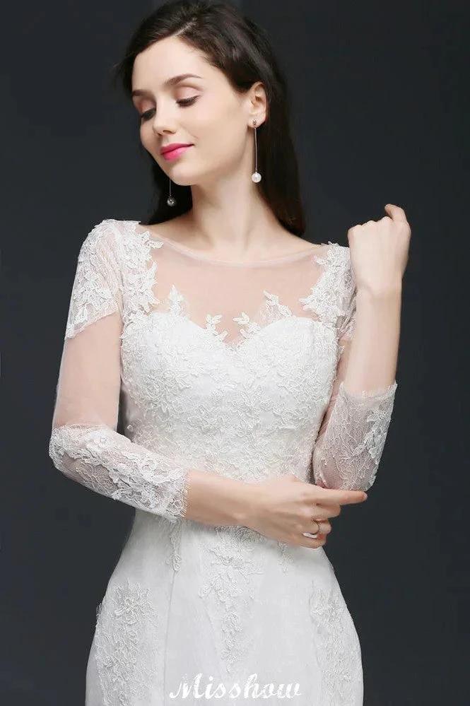 White Lace Mermaid Jewel Wedding Dress by misshow.com